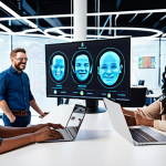 **Image Prompt 1:** A diverse team collaborating in a modern, open-plan office. Focus on expressions of empathy and personalized solutions as they interact with holographic customer avatars. Include elements of automation and data analytics in the background, such as dashboards and AI interfaces. The overall style should be bright, optimistic, and forward-looking, reflecting technological innovation enhancing customer relationships.