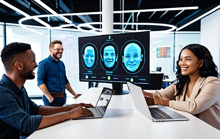 **Image Prompt 1:** A diverse team collaborating in a modern, open-plan office. Focus on expressions of empathy and personalized solutions as they interact with holographic customer avatars. Include elements of automation and data analytics in the background, such as dashboards and AI interfaces. The overall style should be bright, optimistic, and forward-looking, reflecting technological innovation enhancing customer relationships.